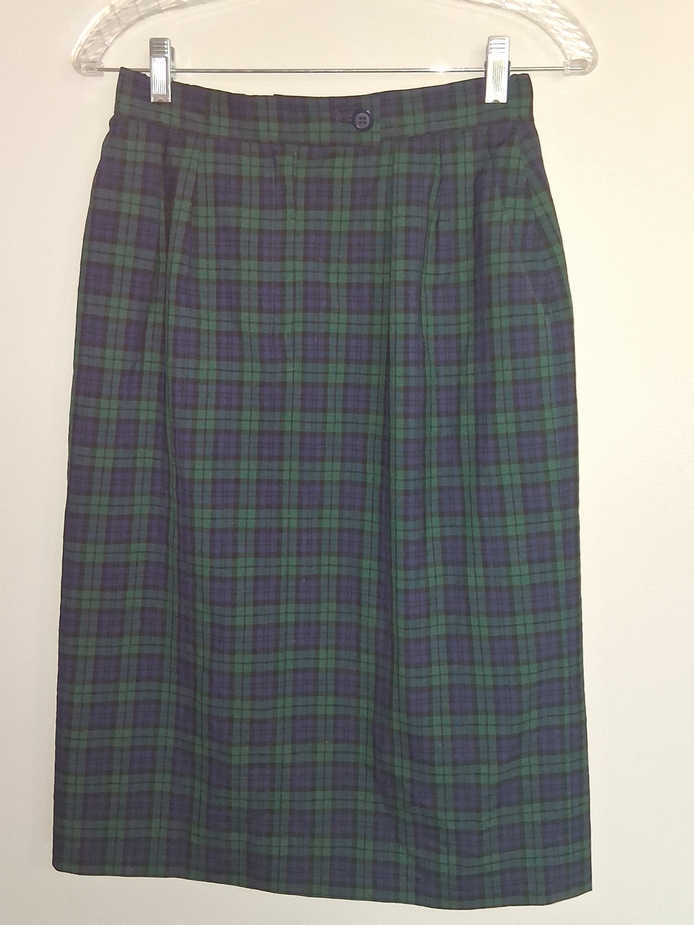Vintage Dark Gothic Pendleton 100% Wool Green & Navy Plaid Midi Skirt
